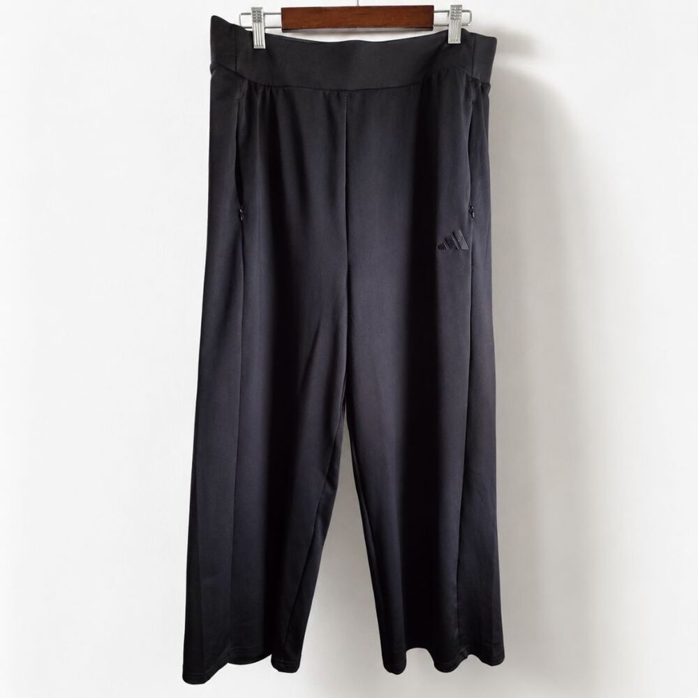 Adidas XL Black Wide Leg Cropped Pants Athleisure High Rise Zip Pockets Lounge - Picture 2 of 9